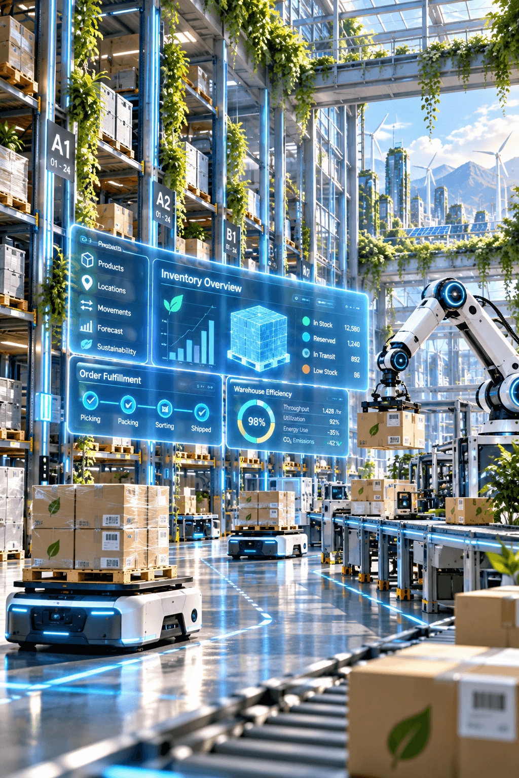 Automatizované logistické centrum s roboty a holografickým přehledem skladu řízeným AI